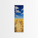Golden Prairie Trail Framed Canvas Print rustic wall art, southwest wall art, landscape painting, farmhouse art, extra wide art, panoramic painting, above sofa art, wabi sabi art, Joshua tree art