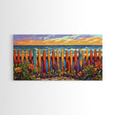 Vibrant Coastal Fence, beach decor, coastal landscape art, coastal wall art, nautical painting, extra wide art, framed canvas print