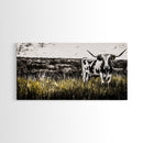 Longhorn Cattle, rustic wall art, farmhouse art, black cowgirl painting, extra wide art, framed canvas print, panoramic painting