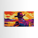 Cowboy, western silhouette, sunset art, ranch aesthetic, moody wall art, bold colors, extra wide art, rustic decor, framed canvas print