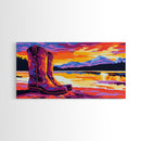 Cowboy boots, lake sunset, mountain painting, rustic western art, farmhouse decor, vibrant colors, extra wide art, canvas print