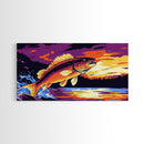 Jumping Bass, Fly Fishing Art, Rustic Decor, Horizontal Wall Art, Landscape Painting, Framed Canvas Print, Above Couch Art, Nautical Decor