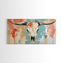 Longhorn Skull Art, southwest wall art, boho art, rustic decor, skull art, extra wide art, wabi sabi art, framed canvas print, farmhouse art