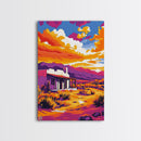 Southwest sunset, desert house, Joshua tree art, pink orange wall art, rustic wall art, boho art, framed canvas print, landscape painting