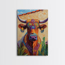 Colorful Bull, Mosaic Wall Art, Chicano Art, Southwest Wall Art, Canvas Print, Farmhouse Art, Rustic Decor, Gift Idea, Boho Art
