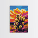 Sunset Cactus, Joshua tree art, pink orange wall art, southwest wall art, gift idea for him, extra wide art, bold colors, Framed Canvas Print