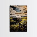 Prairie Wagon, Stormy Sky, Western Landscape, Framed Canvas Print, Rustic Wall Art, Barn Landscape Oil Painting, Farmhouse Art, Moody Art