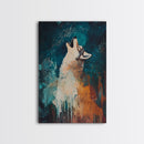 Abstract Wolf, howling at moon, moody blue tones, modern rustic art, wildlife painting, framed canvas print, dark romance painting