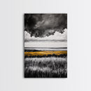 Moody Landscape, dramatic clouds, black and white, gold fields, panoramic art, rustic decor, framed canvas print, extra wide art