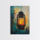 Lantern Glow, moody art, rustic decor, farmhouse art, warm light painting, southwest wall art, wabi sabi art, Framed Canvas Print