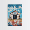 Rustic Barn, farmhouse art, landscape painting, blue and green wall art, extra wide art, panoramic art, Framed Canvas Print