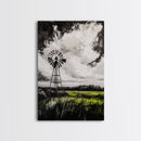 Black and White Windmill, windmill wall art, rustic decor, farmhouse art, landscape painting, framed canvas print, above bed wall art