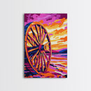 Sunset Wagon Wheel, Bold Color Painting, Southwest Wall Art, Framed Canvas Print, Rustic Decor, Western Aesthetic, Extra Wide Art, Gift Idea