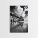 Pier reflection, seascape painting, nautical decor, rustic wall art, black and white photography, extra wide art, framed canvas print