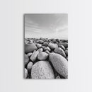 Stone beach, coastal landscape art, black and white art, wabi sabi wall art, minimalist art, nature photography, framed canvas print