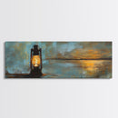 Lantern, rustic art, moody art, oil painting, long narrow wall art, extra wide art, above sofa art, Framed Canvas Print