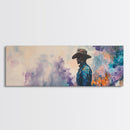 Lone Cowboy Painting, Panoramic Art, Rustic Decor, Framed Canvas Print, Blue and Green Wall Art, Moody Art, Southwest Wall Art