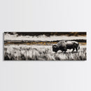 Bison painting, rustic art, black and white wall art, moody art, western decor, panoramic painting, extra wide art, framed canvas print