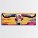 Longhorn Skull, southwest wall art, bull and bear art, pink orange wall art, extra wide art, Framed Canvas Print, rustic decor