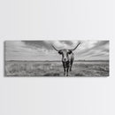 Texas Longhorn, Rustic Wall Art, Canvas Print, Farmhouse Art, Western Decor, Above Bed Art, Extra Wide Art, Moody Black And White Art
