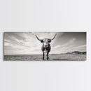 Longhorn, western landscape, bull and bear art, panoramic art, extra wide art, rustic wall art, framed canvas print, farmhouse decor, moody art