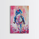 Cowboy Riding in Pink - Colorful Western Art, Framed Canvas Print, Living Room Decor, Cowboy Painting, Vibrant Wall Art
