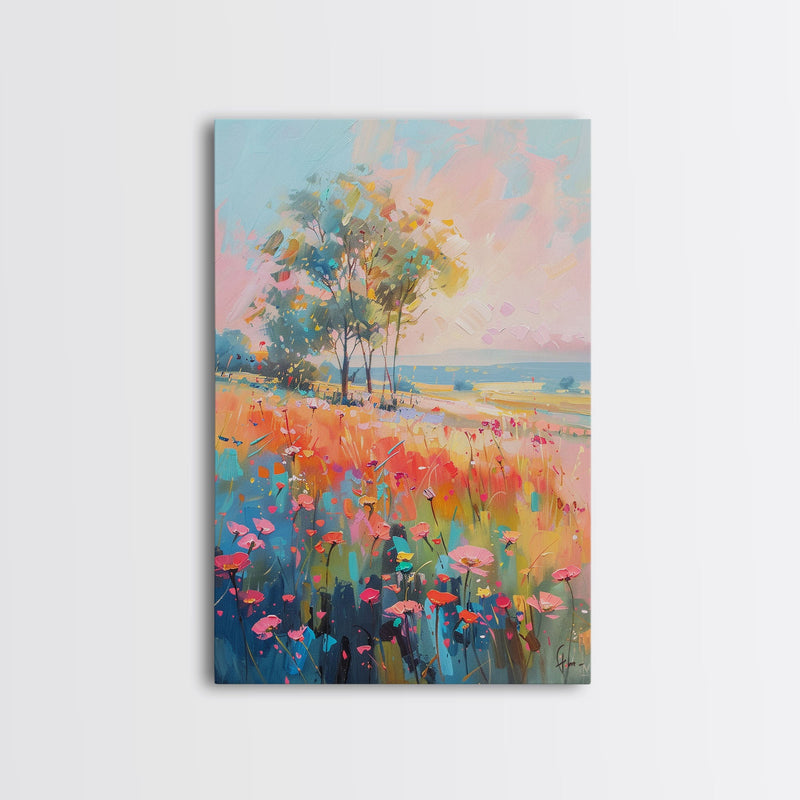 Blossoming Meadow with Trees - Framed Canvas Print, Peaceful Living Room Art, Serene Bedroom Decor, Vibrant Flower Art, Wall Art