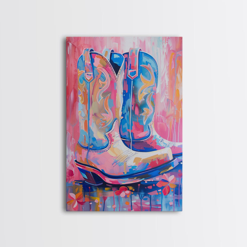 Blue and Pink Cowboy Boots with Floral Background - Framed Canvas Print, Rustic Western Wall Art, Vibrant Boot Art for Home Decor