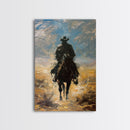 Lone Cowboy Riding into Sunset - Framed Canvas Print, Western Art, Living Room Decor, Cowboy Art for Bedroom, Rustic Wall Art