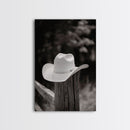 Cowboy Hat on a Wooden Fence Post in Rustic Black and White Photography for Western Home Decor, Canvas Prints, Wall Art for Living Room