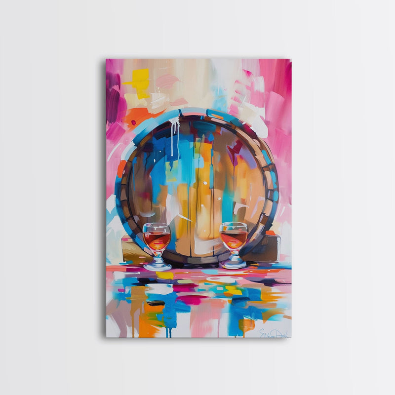 Abstract Wine Barrel with Glasses - Framed Canvas Print, Modern Wine Art, Bar Decor, Wine Lover's Gift