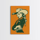 Elegant Retro Cowgirl with Hat Illustration | Framed Canvas Print | Vintage Western Art | Stylish Cowgirl Wall Art for Living Room