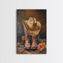 Cowboy Boots and Hat with Flowers Art - Framed Canvas Print, Rustic Wall Decor, Western Bedroom Art, Cowboy Home Decoration