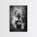 Steam Locomotive in the Forest Black and White Photography - Framed Canvas Print, Railroad Art, Vintage Train Wall Art for Home