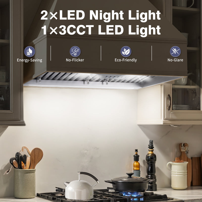 30" Range Hood Insert ,600 CFM Stainless Steel Kitchen Vent Hood with 4 Speeds 3CCT LED Lights - NX-19IS-30