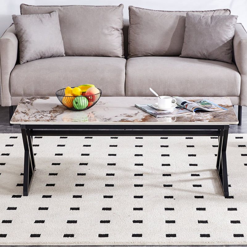 A modern minimalist style marble patterned coffee table with black metal legs. Computer desk. Game table. Tea table. CT-XX