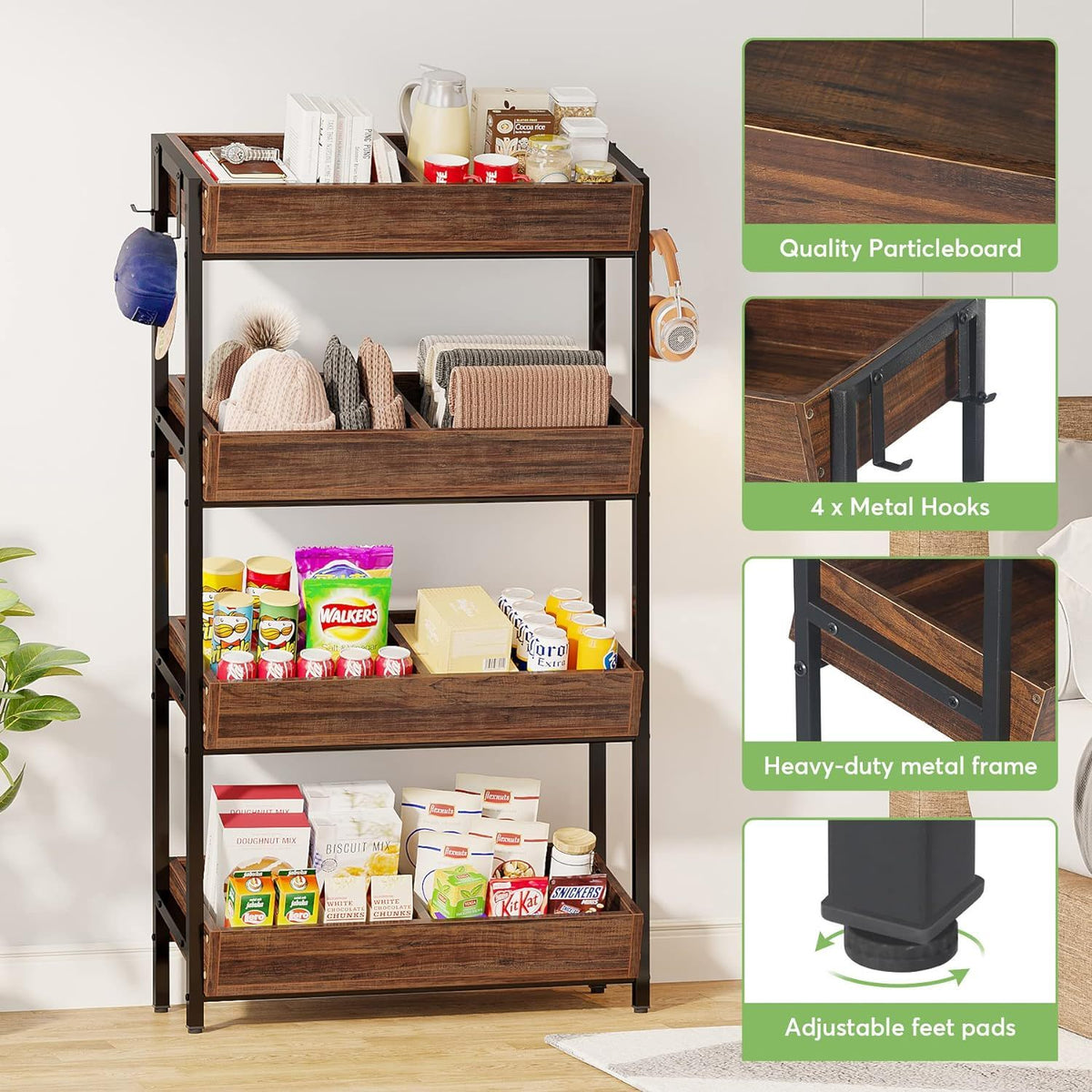 4 Tier Retail Display Rack With Hooks, Tall Metal Snack Stand With Shelves - Brown / Black, photo 2 of 9