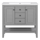 36" Bathroom Vanity with Ceramic Basin, Two Cabinets and Drawers, Open Shelf, Solid Wood Frame, Grey