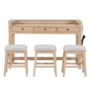 4-piece Dining Bar Table Set with 3 Upholstered Stools, Multifunctional Dining Table with 3 Drawers (Natural Wood Wash)
