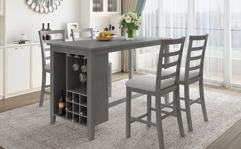 5-Piece Multi-Functional Rubber Wood Counter Height Dining Set with Padded Chairs and Integrated 9 Bar Wine Compartment, Wineglass Holders for Dining Room (Gray)