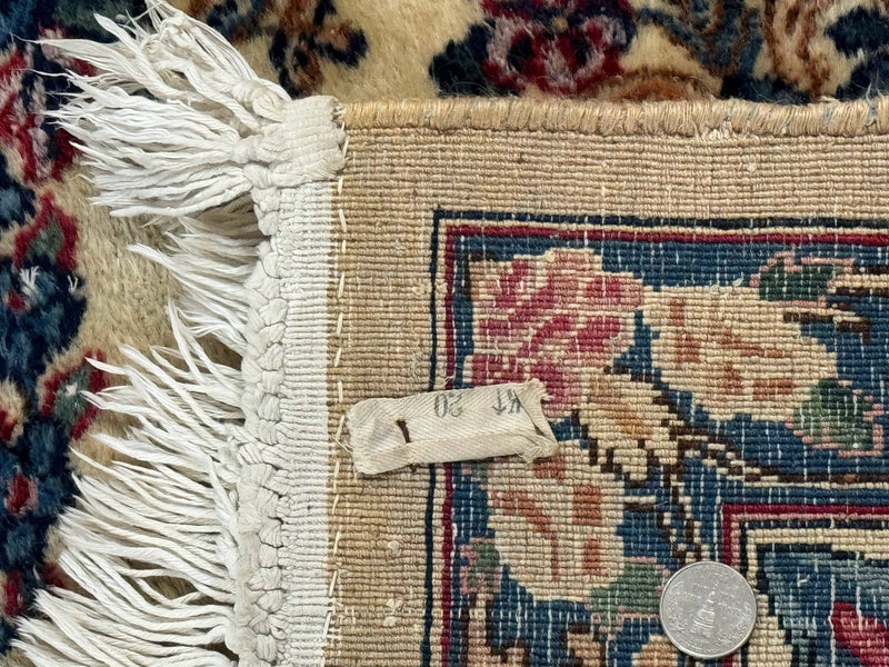 Square Persian Kerman Rug 4x4, Ivory Blue Pink, Handmade, Fine 225 KPSI