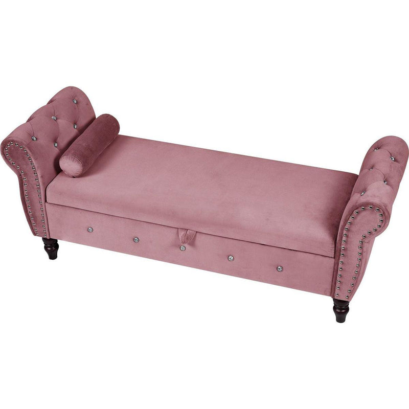 63.38"Velvet Multifunctional Storage Rectangular ottoman bench Comes with crystal buckle Solid Wood Legs with 1 Pillow,Pink
