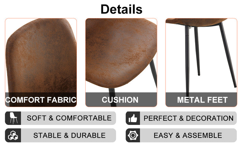 A modern and practical circular dining table. Made of MDF tabletop and wooden MDF table legs. A set of 6 brown cushioned chairs. CT-