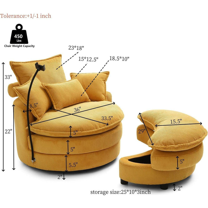 360° Swivel Accent Barrel Chair Modern Comfy Round Reading Sofa Swivel Chairs Circle Lounge Chair for Bedroom Living Room w/4 Pillow Lower Seating Heigh (Yellow)