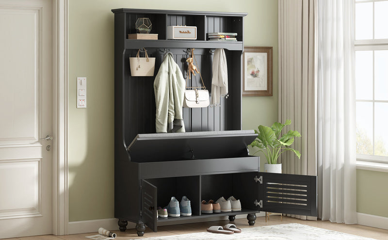 5-in-1 Entryway Bench with Shutter-shaped doors, Coat Rack, Cushion and 4 Sturdy Hooks, 47.2" Wide Hall Tree with Storage Bench for Hallway, Entryway, Living Room