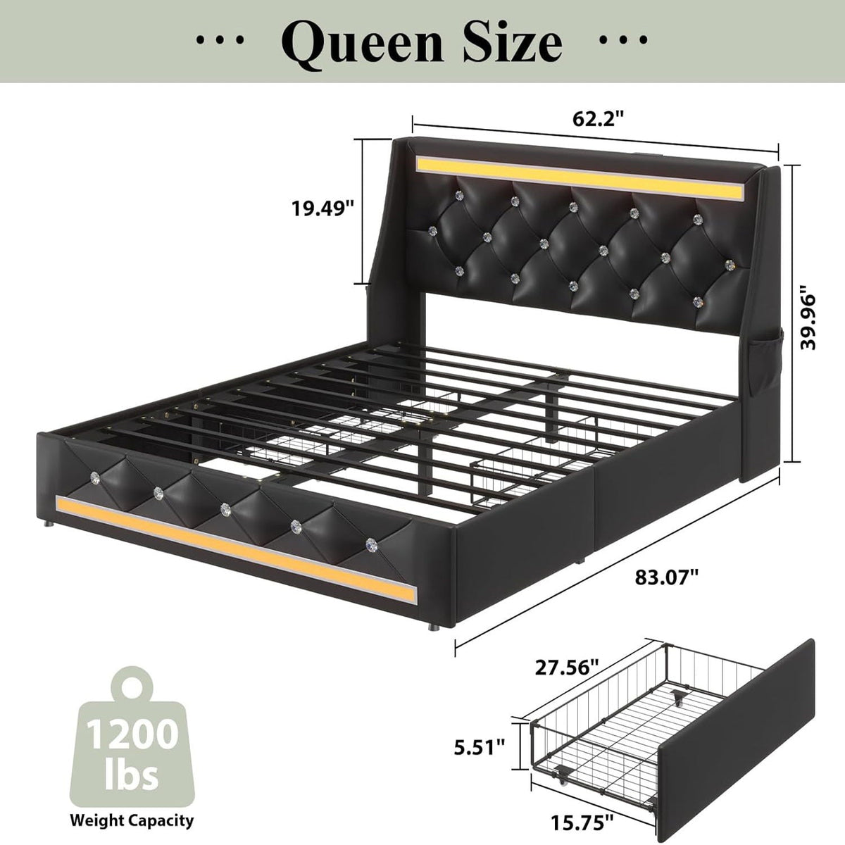 Wingback Upholstered Bed Frame With LED Lights, Charging Station, photo 12 of 40