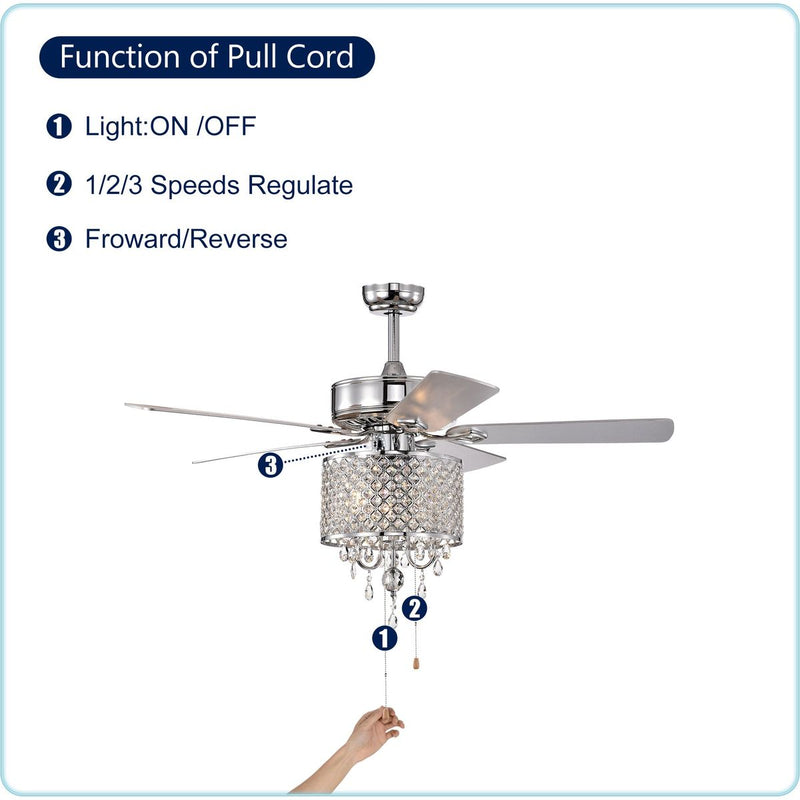 52'' Classical Crystal Ceiling Fan Lamp  3 Speed Hand Pull Chain (High, Mid, Low), 5 Reversible Blades for Living Room, Dining Room, Bedroom, Family Room, Chrome  ,3PCS*E12  (NO Include Bulb )