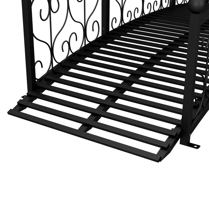 7' Metal Arch Garden Bridge with Safety Siderails, Decorative Arc Footbridge with Delicate Scrollwork "S" Motifs for Backyard Creek, Stream, Fish Pond, Black