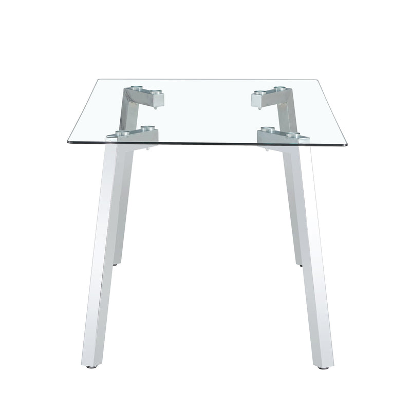 A modern minimalist rectangular glass dining table with tempered glass tabletop and silver metal legs, suitable for kitchens, restaurants, and living rooms,63"x35.4"x30"