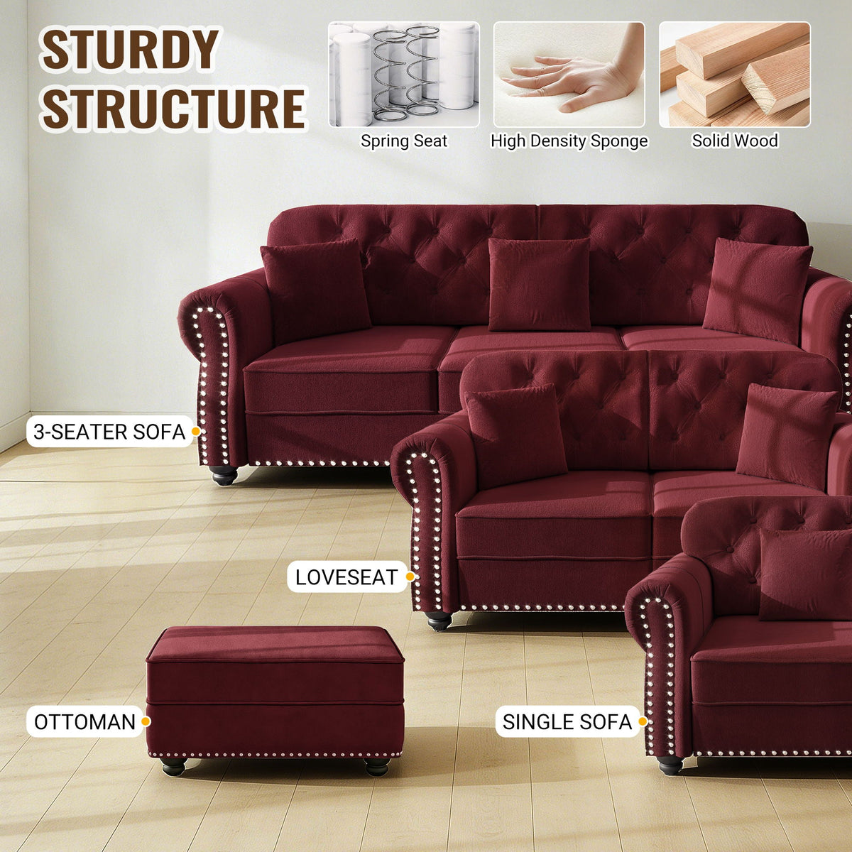 Upholstered 3 Seater Sofa Set With Ottoman, photo 12 of 39